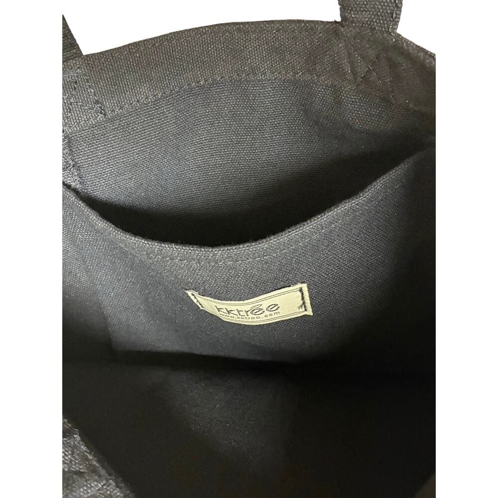black tote bag featuring an artistic graphic print 13” W X 17” L - Thumbnail 3