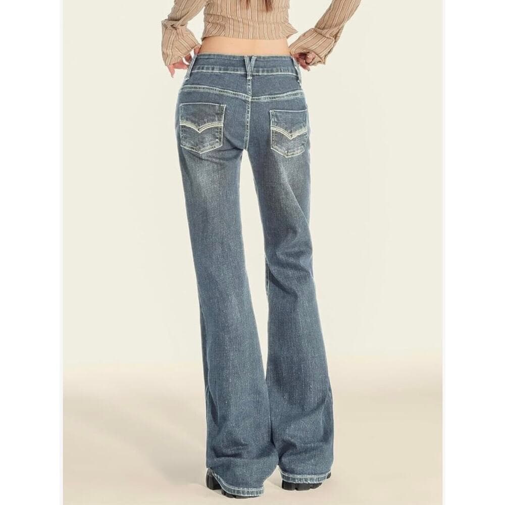 EMMIOL Mid-High Rise Flare Jeans Women, Stretchy Bootcut Retro Blue XS - Thumbnail 4