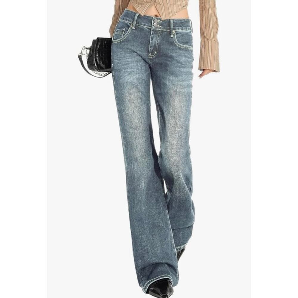 EMMIOL Mid-High Rise Flare Jeans Women, Stretchy Bootcut Retro Blue XS - Thumbnail 2