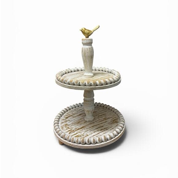 Fulluxury 2 Tier Tray Table Decor White Washed - Thumbnail 4