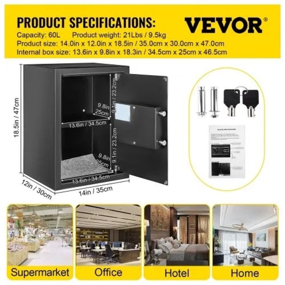 VEVOR Safe Box, 2.1 CU.FT Fingerprint Safe Box for Money with 2 Keys - Thumbnail 7