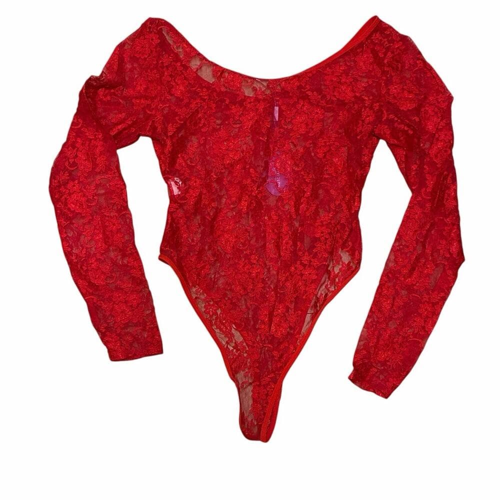 Women's Lace Long Sleeve Lingerie Bodysuit Avidlove Size Medium Red - Thumbnail 2