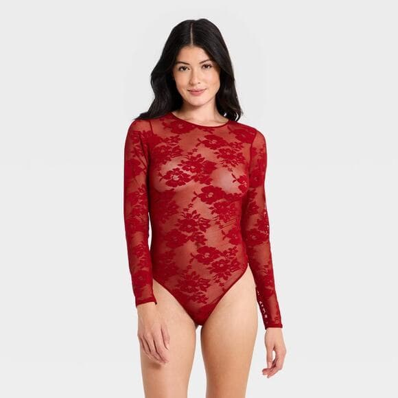 Women's Lace Long Sleeve Lingerie Bodysuit Avidlove Size Medium Red - Thumbnail 7
