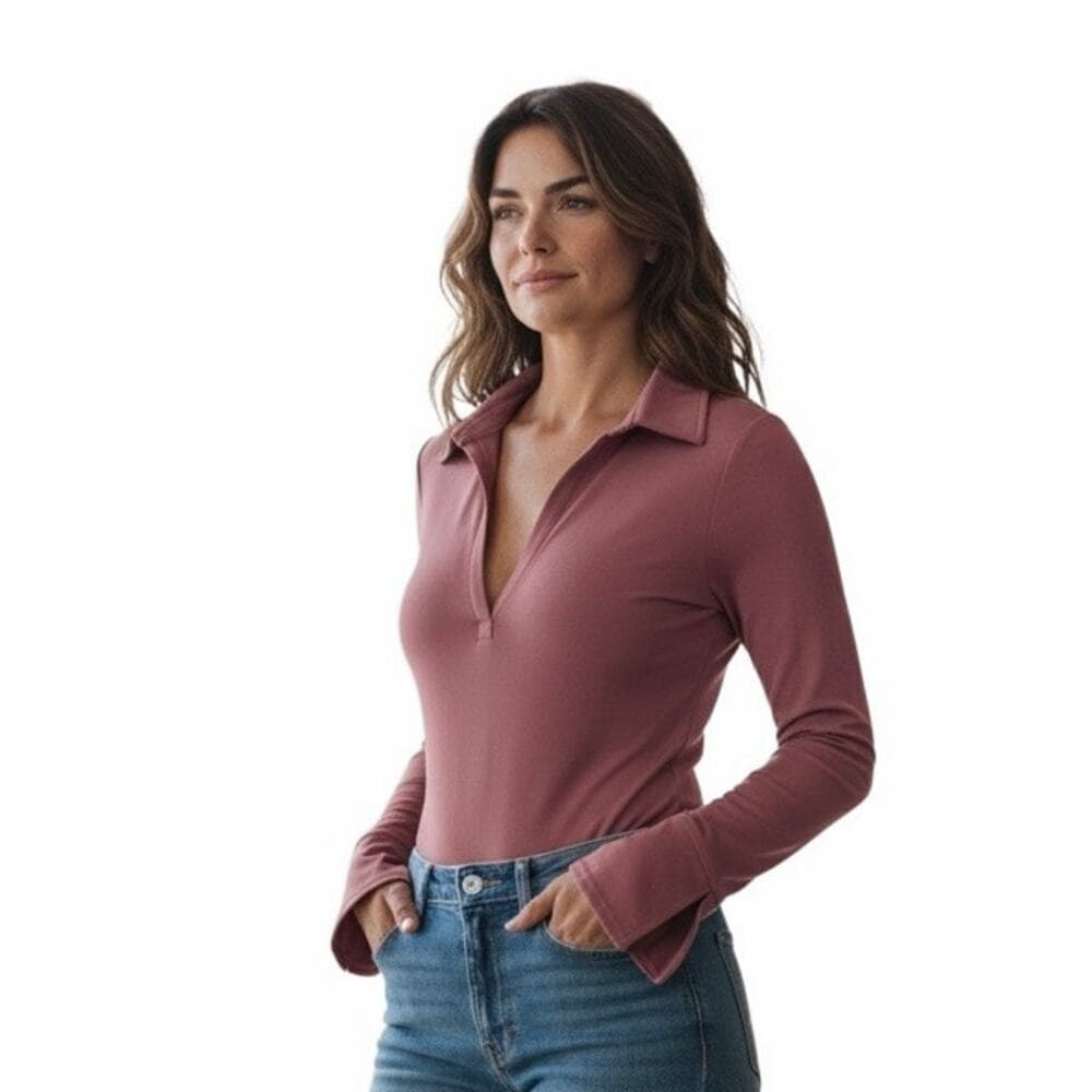PinkmStyle Women’s Long Sleeve Bodysuit Size Large Color Dusty Rose. - Thumbnail 6