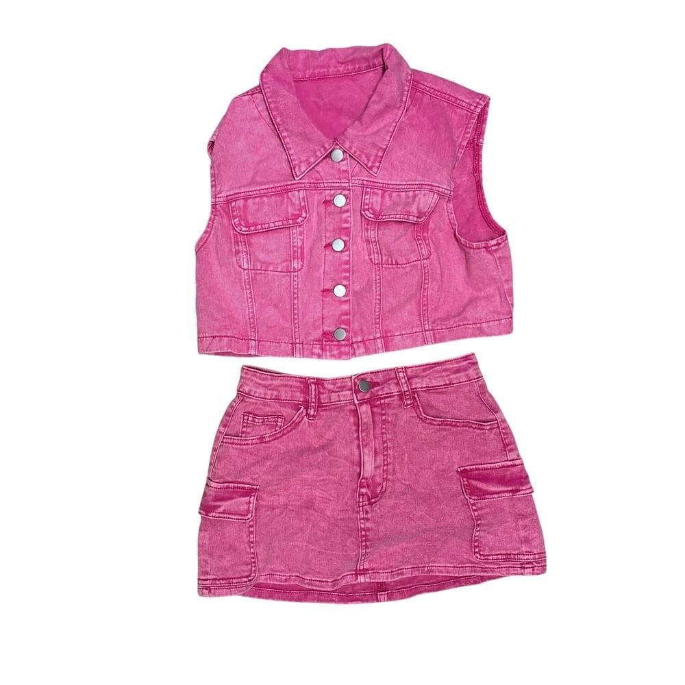 SHEIN Women’s 2 Piece Red Denim Set Jean Vest & Jean Skirt Size Small - Thumbnail 2