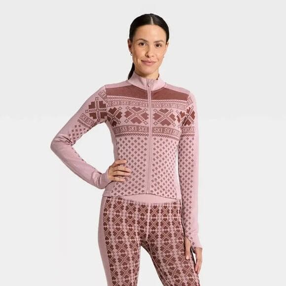 All In Motion Seamless Fair Isle Printed Full Zip Jacket, M - Maroon/Light Pink - Thumbnail 8