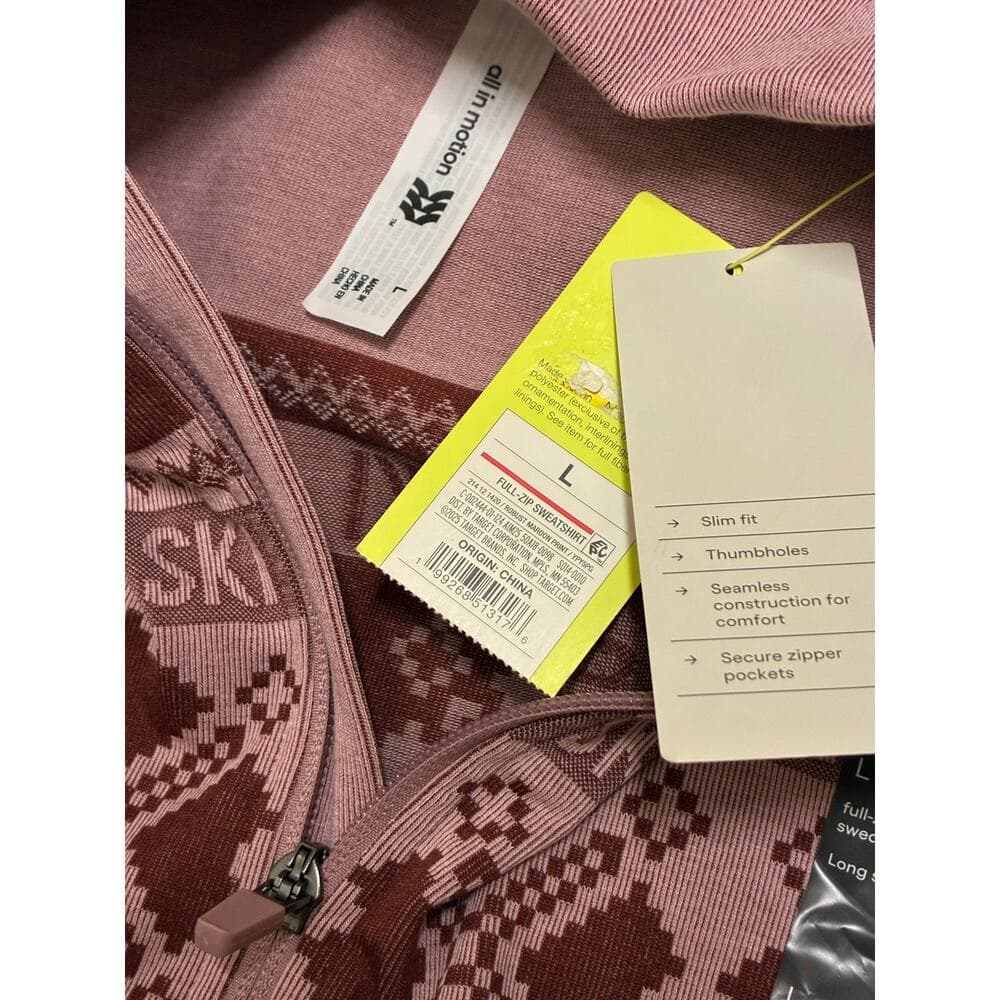 All In Motion Seamless Fair Isle Printed Full Zip Jacket, M - Maroon/Light Pink - Thumbnail 5