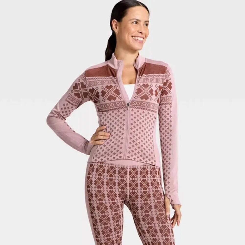 All In Motion Seamless Fair Isle Printed Full Zip Jacket, M - Maroon/Light Pink - Thumbnail 2