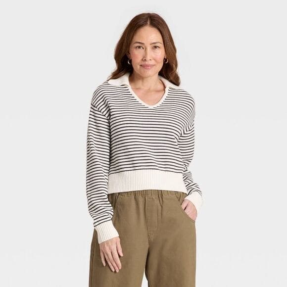 Long Sleeve Collared Neck Pullover Sweater - Universal Thread Black Striped XXL - Thumbnail 7