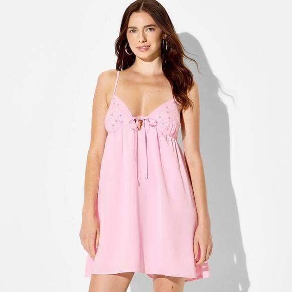 New with Tags Women's Embellished Mini Babydoll Dress - Wild Fable Pink Size S - Thumbnail 6