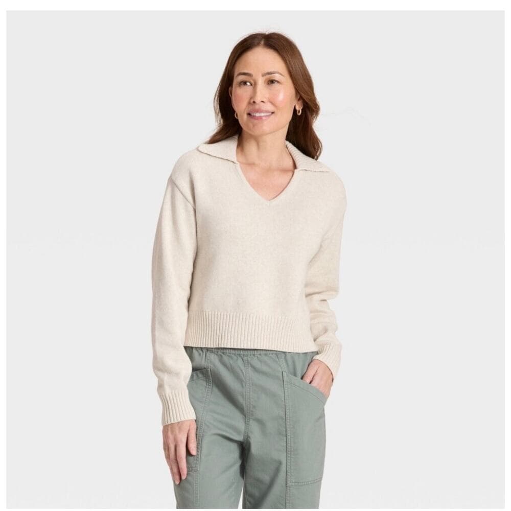 Women’s Universal Thread Women's Collared Neck Pullover Sweater White XL - Thumbnail 4