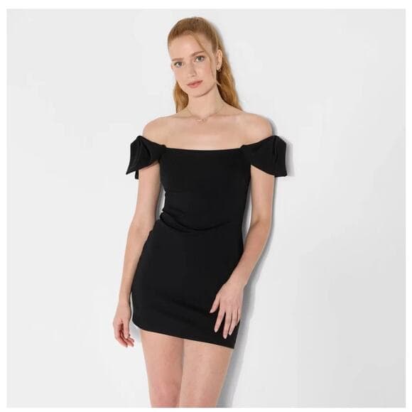 Women's Off the Shoulder Bow Short Sleeve Mini A-Line Dress - Wild Fabric Dress - Thumbnail 7