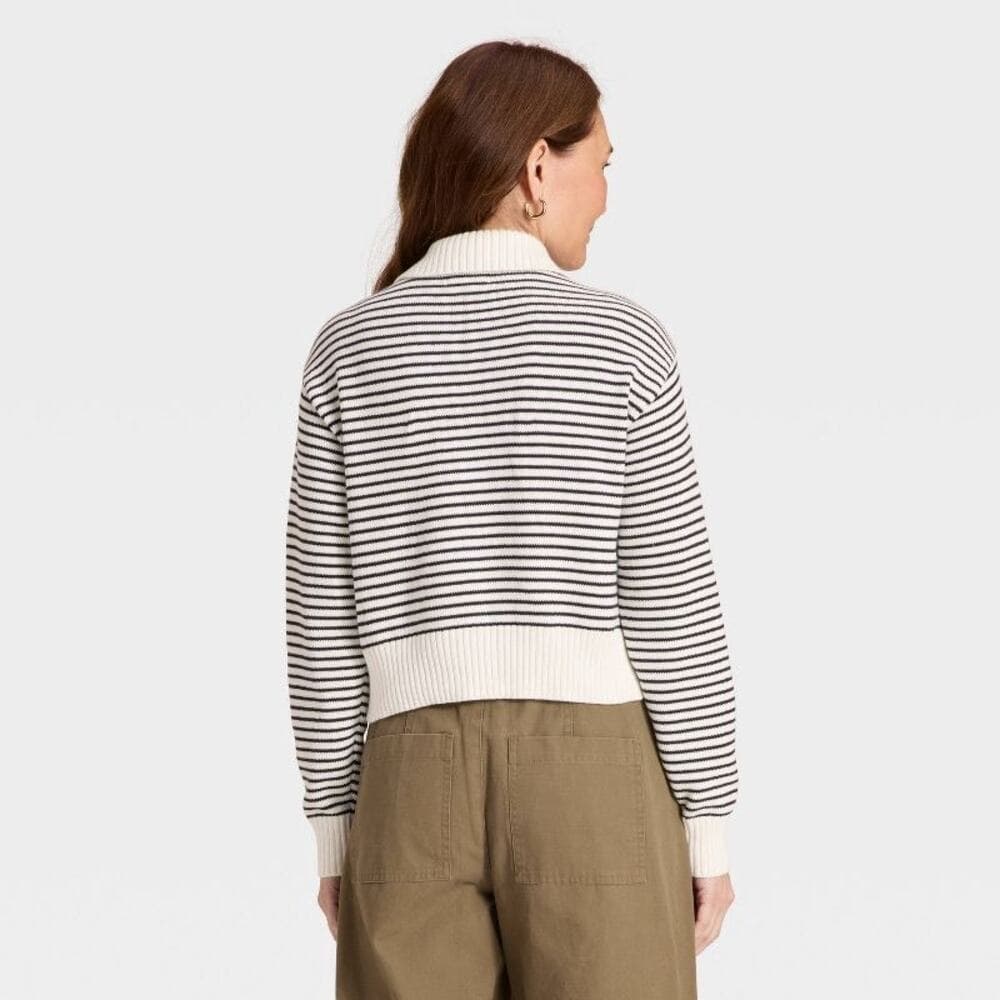 Long Sleeve Collared Neck Pullover Sweater - Universal Thread Black Striped XXL - Thumbnail 2