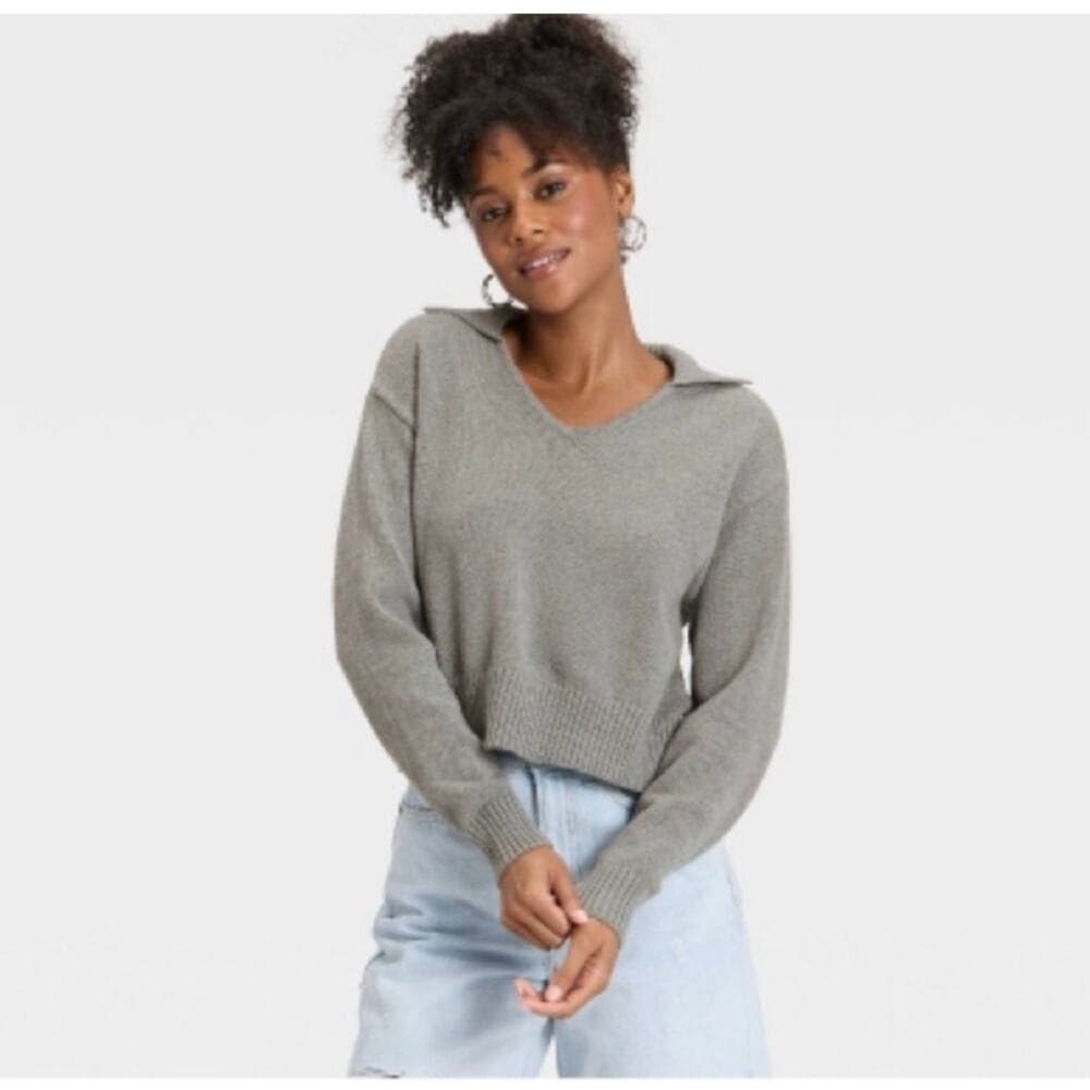 Women’s Long Sleeve Collared Neck Pullover Sweater - Universal Thread Gray Sz L - Thumbnail 7
