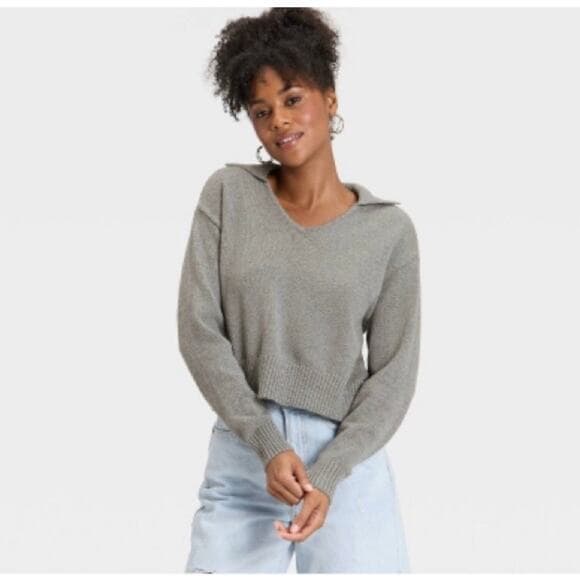 Women’s Long Sleeve Collared Neck Pullover Sweater - Universal Thread Gray Sz L - Thumbnail 8