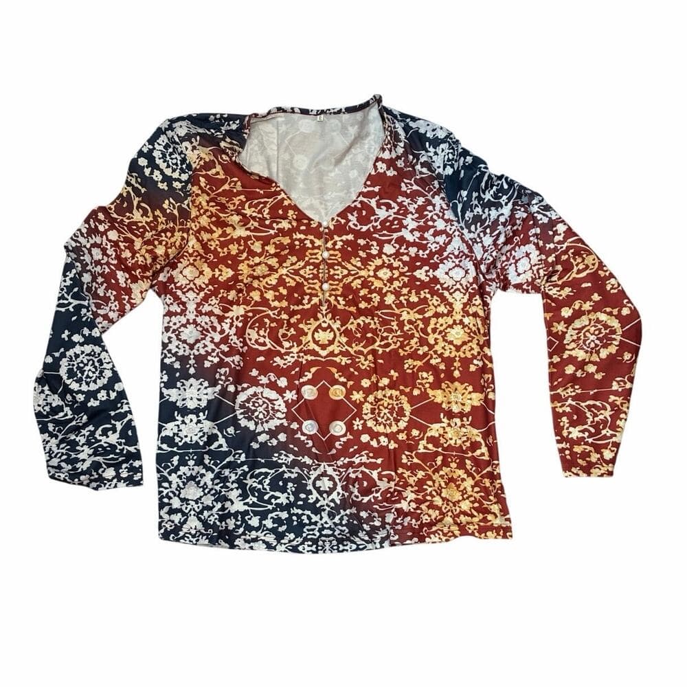 long-sleeve V-neck blouse with a bohemian floral pattern Size XL - Thumbnail 2