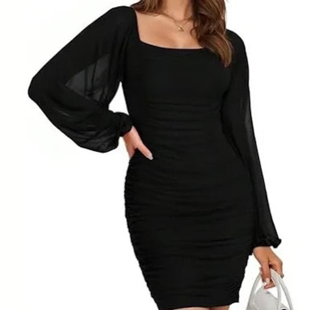 Gokatosau Women's Mesh Long Sleeve Square Neck Ruched Party Club Cocktail Dress - Thumbnail 2