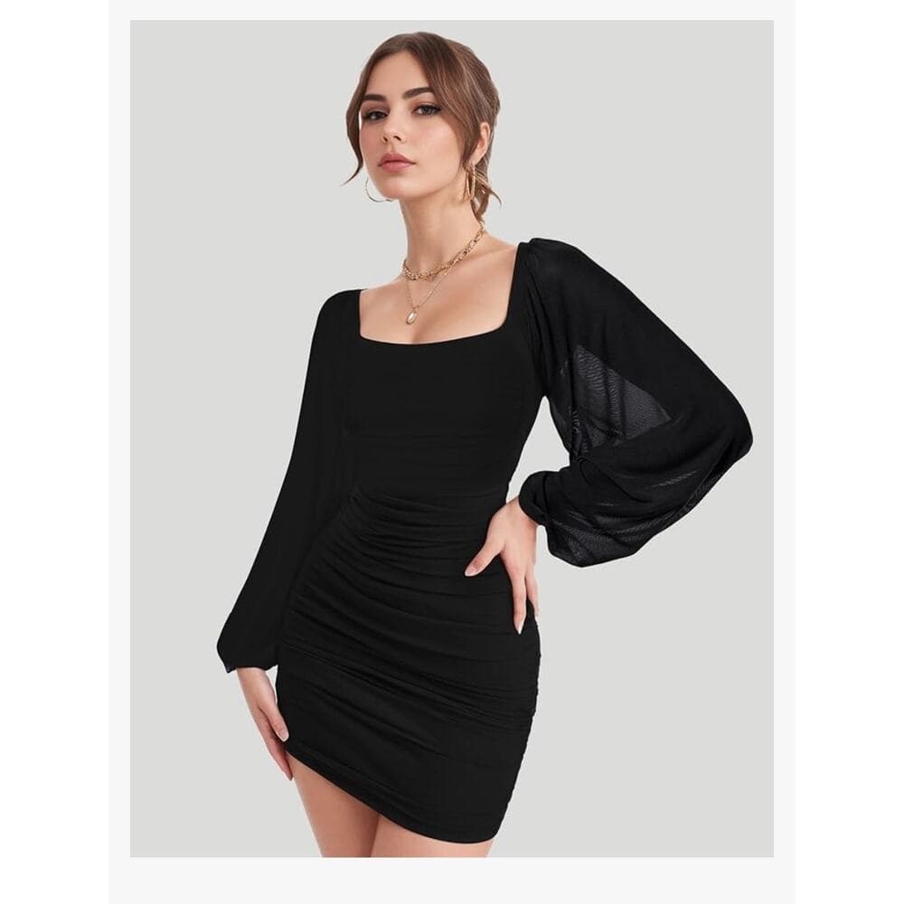 Gokatosau Women's Mesh Long Sleeve Square Neck Ruched Party Club Cocktail Dress - Thumbnail 8