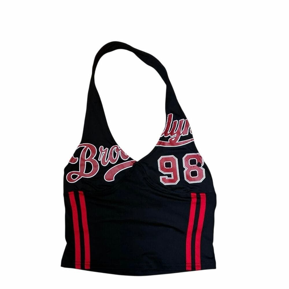 Women's Number Letter Graphic Jersey Halter Top Striped Sleeveless - Thumbnail 9