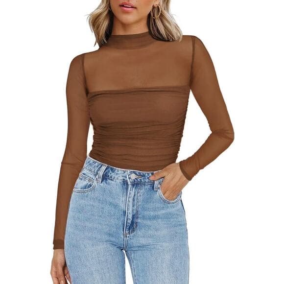Mesh Sheer Long Sleeve Top Sexy Casual Mock Turtle Neck See Though Shirts Ruched - Thumbnail 8