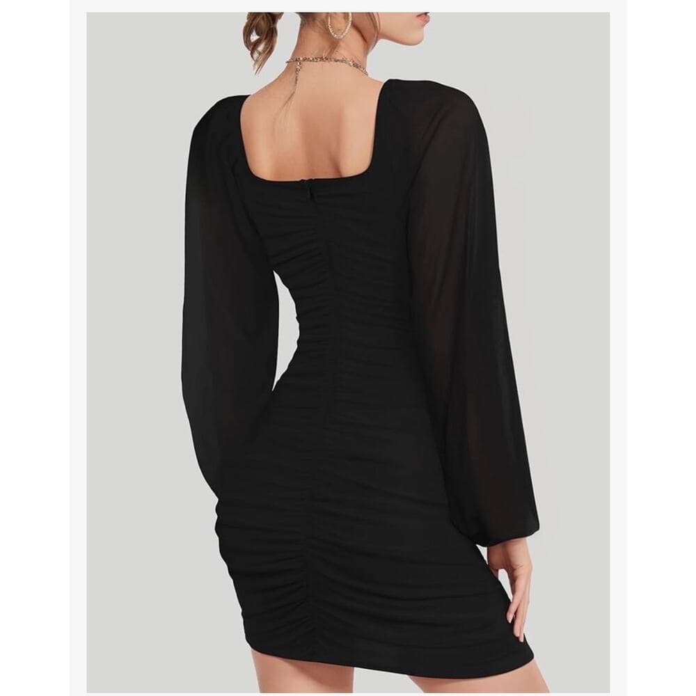 Gokatosau Women's Mesh Long Sleeve Square Neck Ruched Party Club Cocktail Dress