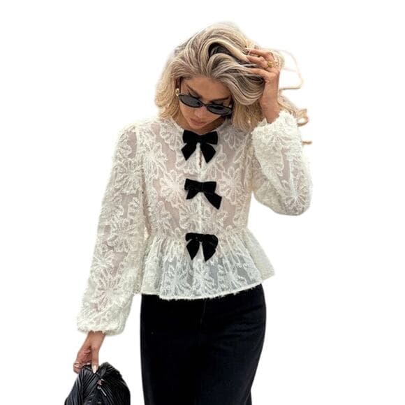 Sheer lace long sleeve white peplum ruffle black bow blouse preppy plazacore - Thumbnail 9