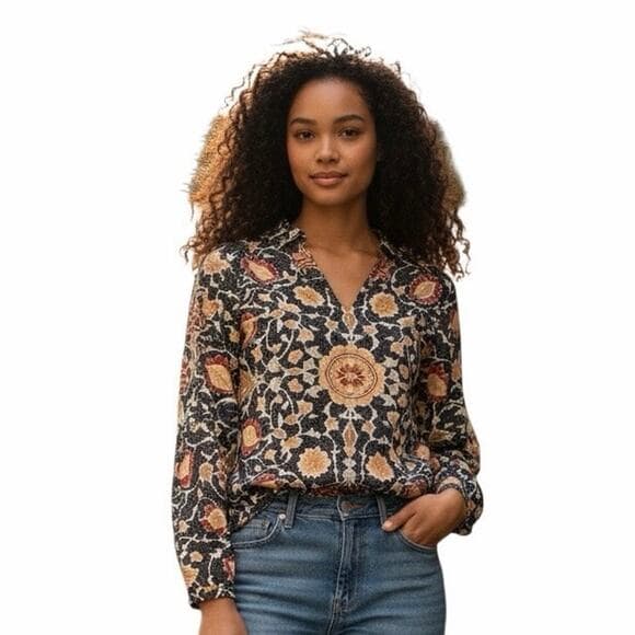 Long Sleeve Women’s V Neck Navy Shirt With Flowers Print On It Size Medium - Thumbnail 7