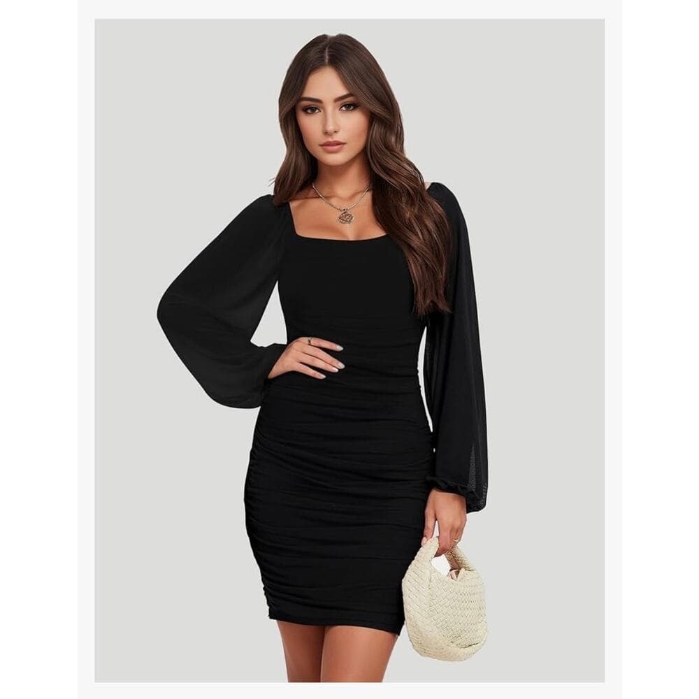 Gokatosau Women's Mesh Long Sleeve Square Neck Ruched Party Club Cocktail Dress - Thumbnail 3