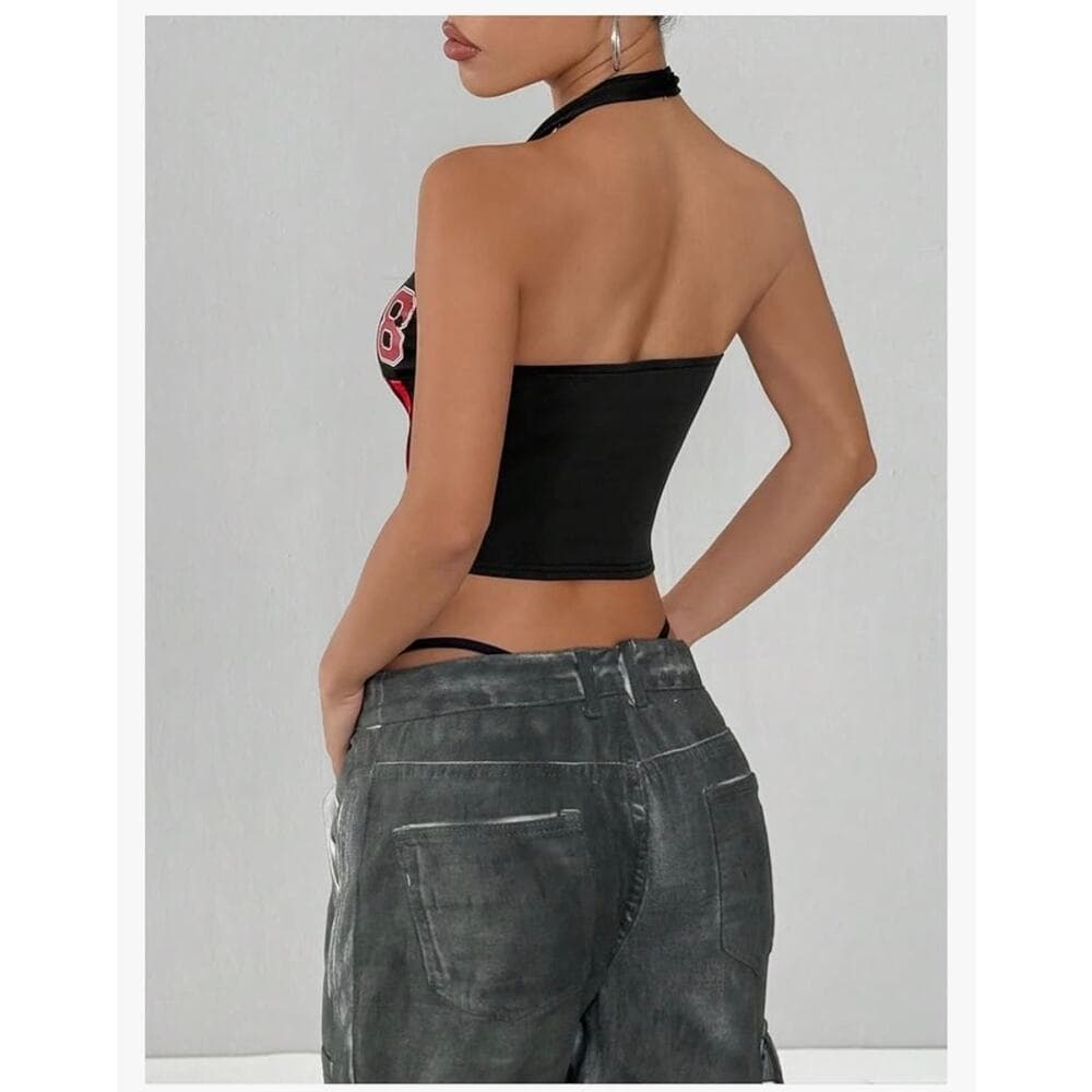 Women's Number Letter Graphic Jersey Halter Top Striped Sleeveless - Thumbnail 2