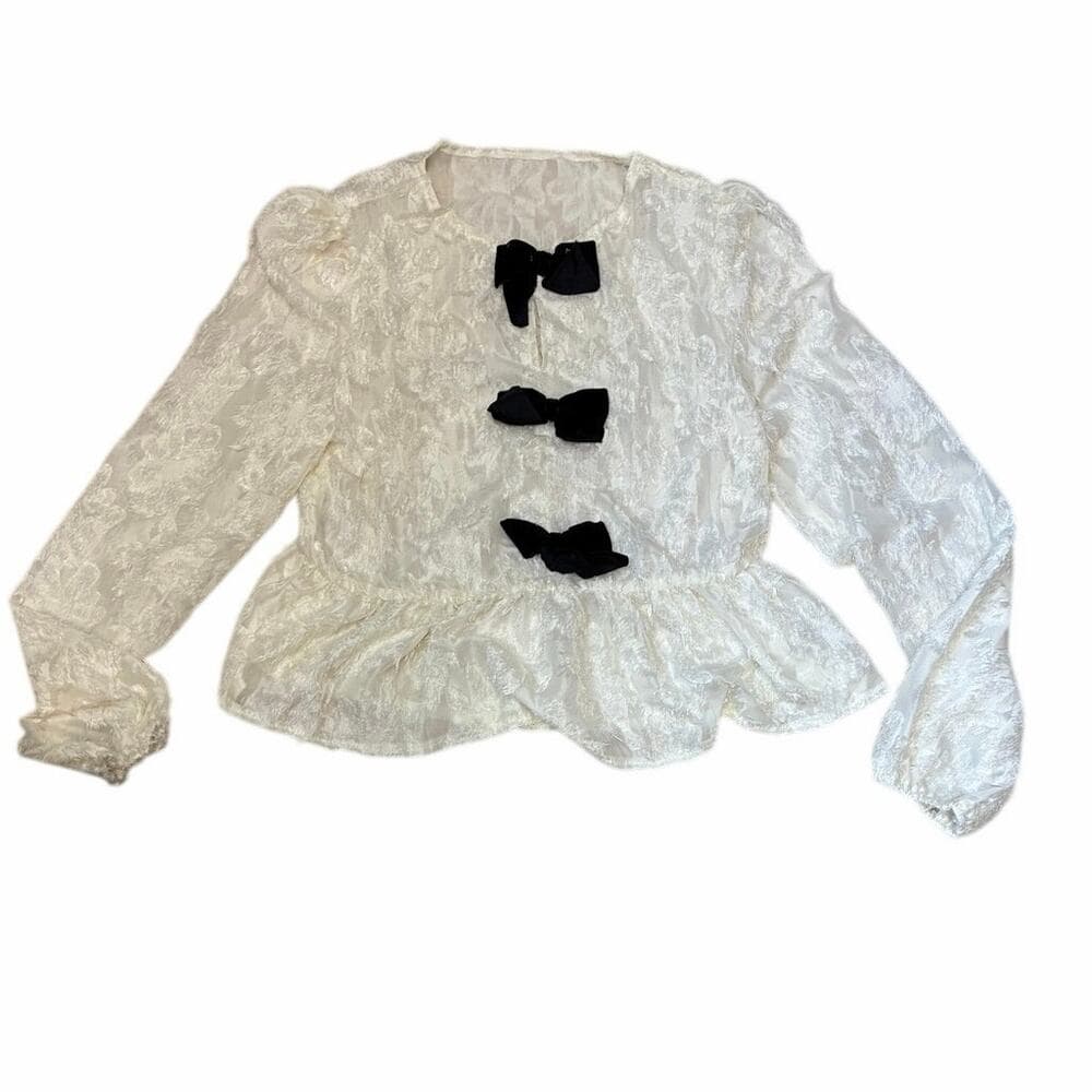 Sheer lace long sleeve white peplum ruffle black bow blouse preppy plazacore - Thumbnail 3