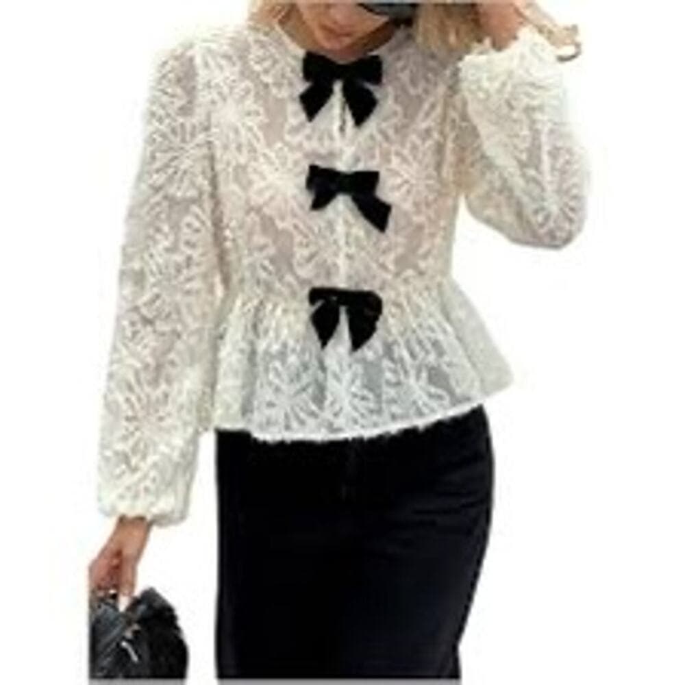 Sheer lace long sleeve white peplum ruffle black bow blouse preppy plazacore