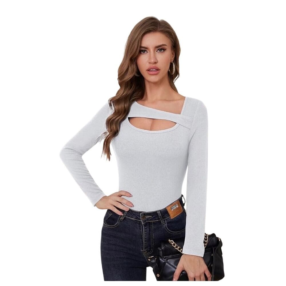 Long Sleeve Shirts Women Ribbed 1 Piece Cutout Tops Fashion Slim Fitted Clothes - Thumbnail 10
