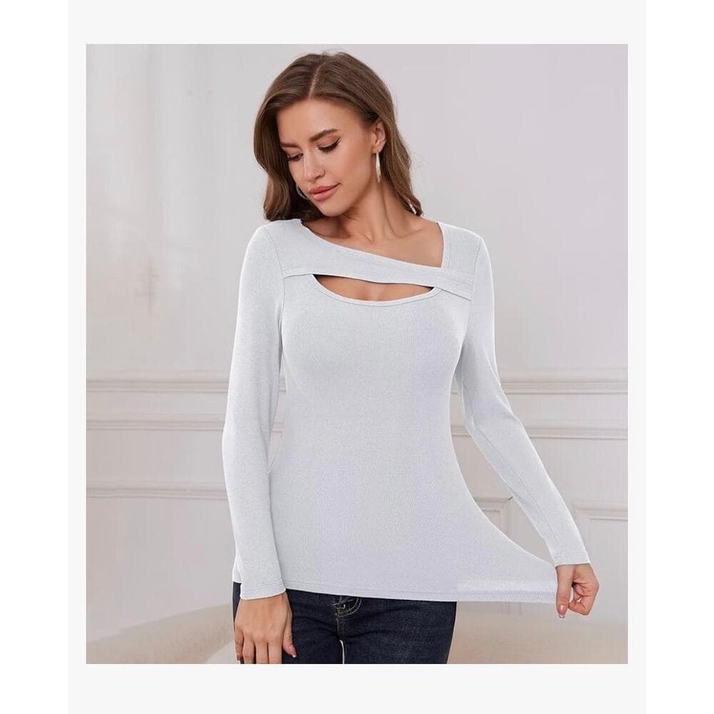 Long Sleeve Shirts Women Ribbed 1 Piece Cutout Tops Fashion Slim Fitted Clothes - Thumbnail 3