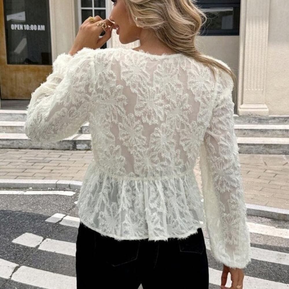 Sheer lace long sleeve white peplum ruffle black bow blouse preppy plazacore - Thumbnail 5