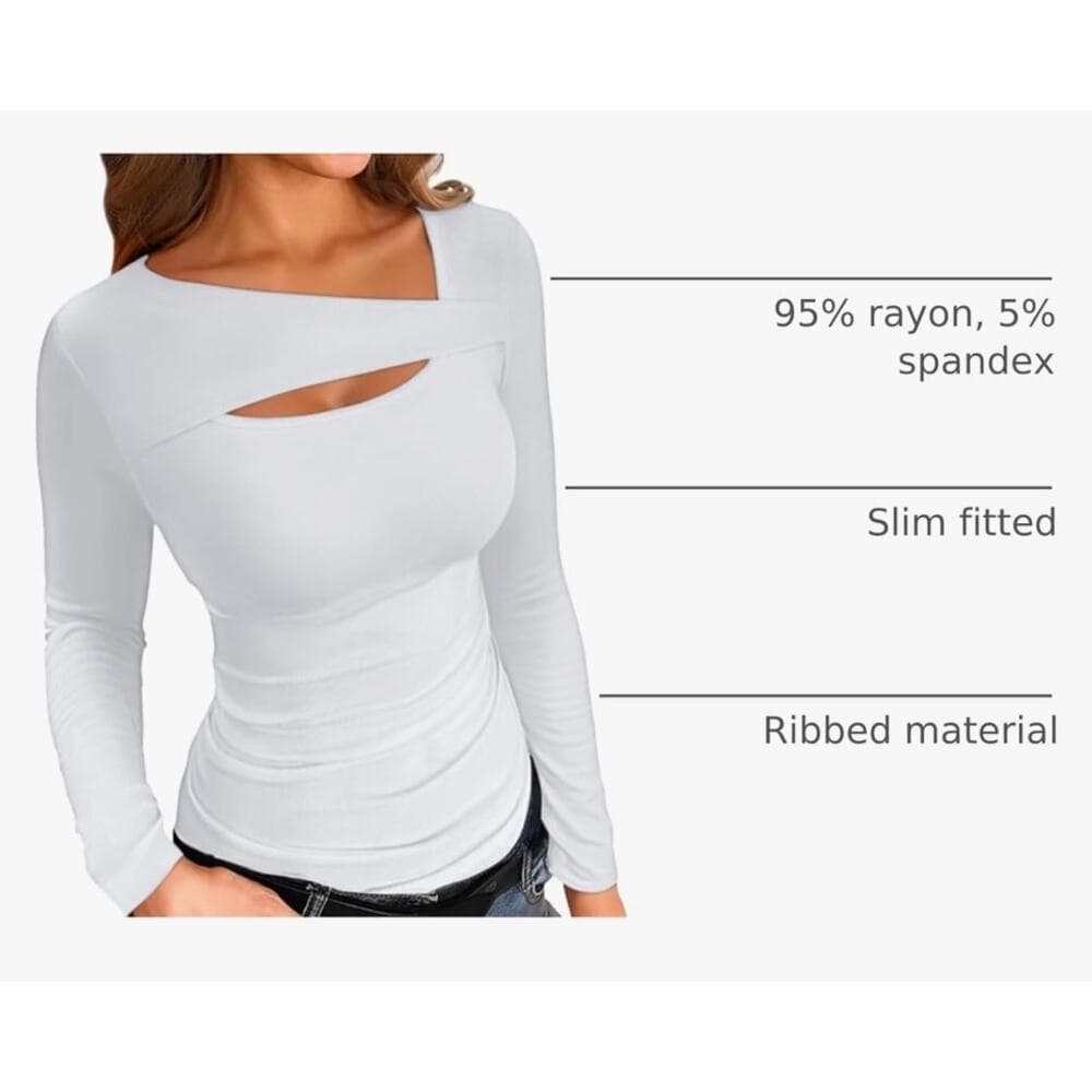 Long Sleeve Shirts Women Ribbed 1 Piece Cutout Tops Fashion Slim Fitted Clothes - Thumbnail 2
