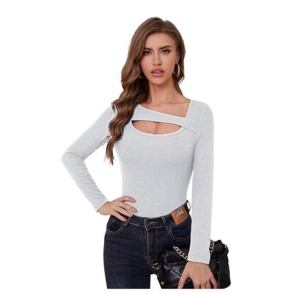 Long Sleeve Shirts Women Ribbed 1 Piece Cutout Tops Fashion Slim Fitted Clothes - Thumbnail 11