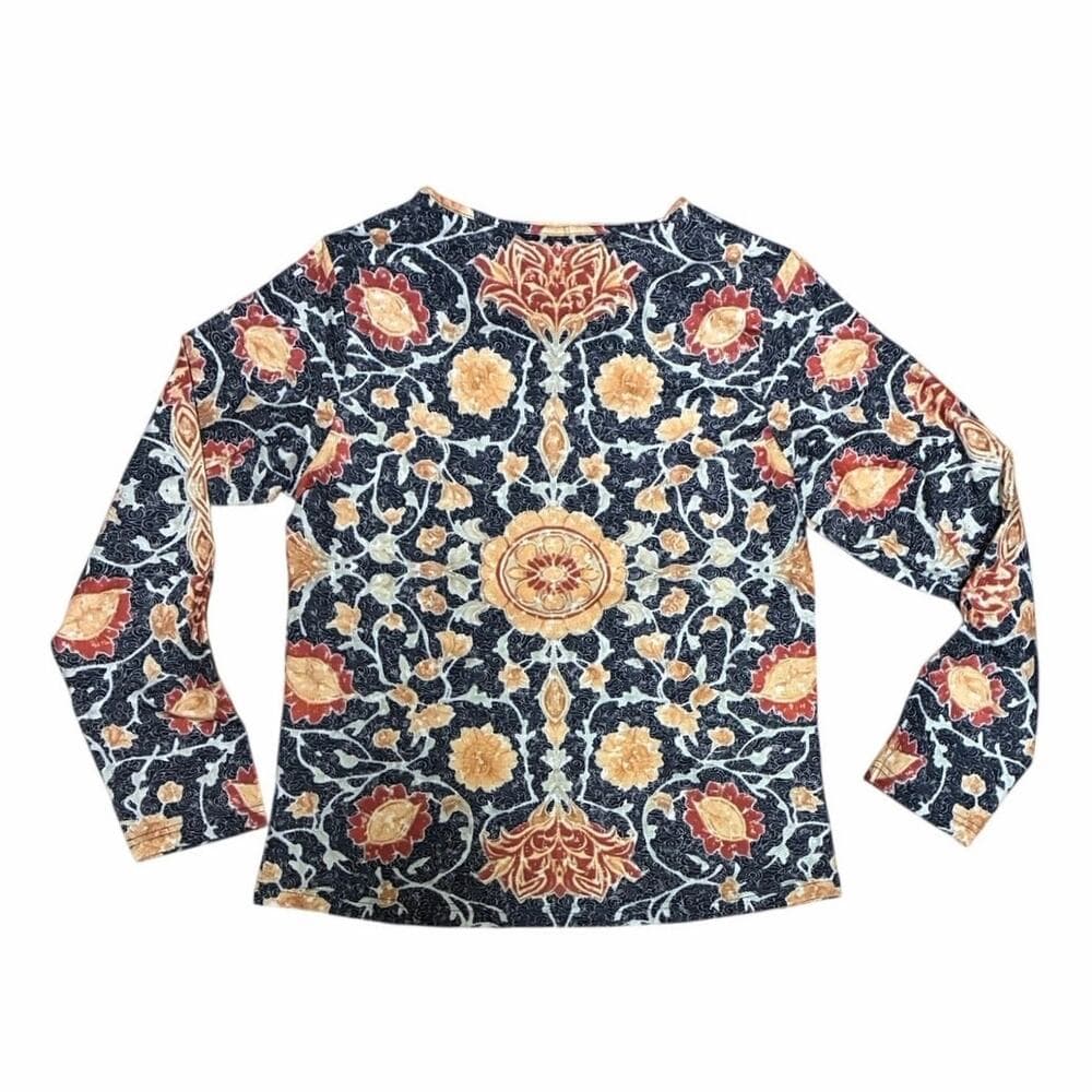 Long Sleeve Women’s V Neck Navy Shirt With Flowers Print On It Size Medium - Thumbnail 3