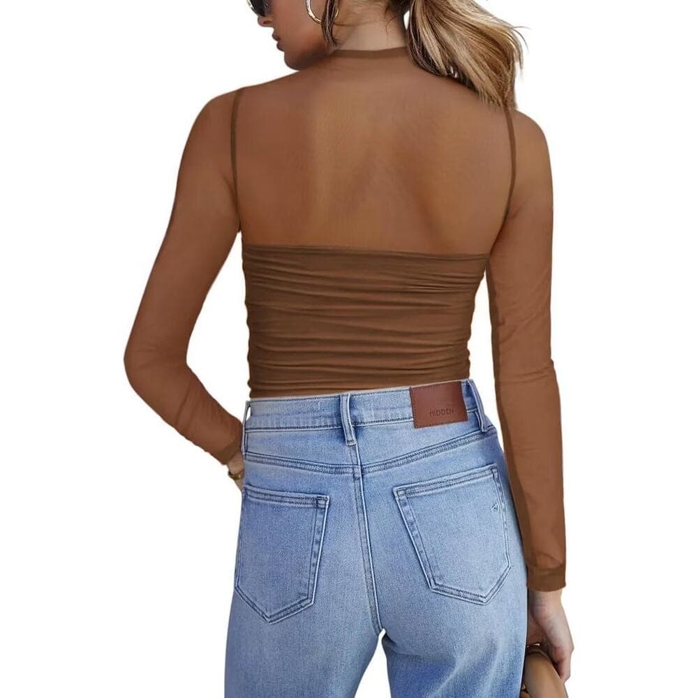 Mesh Sheer Long Sleeve Top Sexy Casual Mock Turtle Neck See Though Shirts Ruched - Thumbnail 2