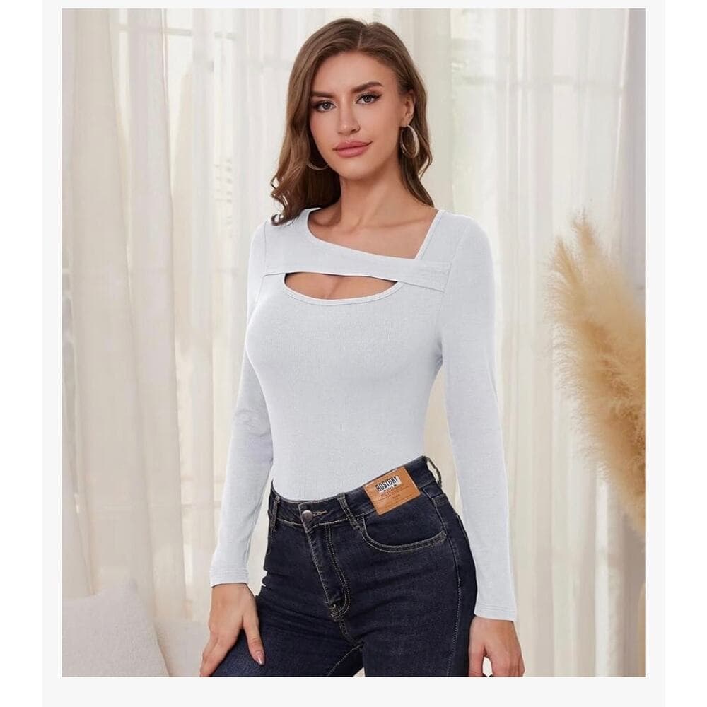 Long Sleeve Shirts Women Ribbed 1 Piece Cutout Tops Fashion Slim Fitted Clothes - Thumbnail 5