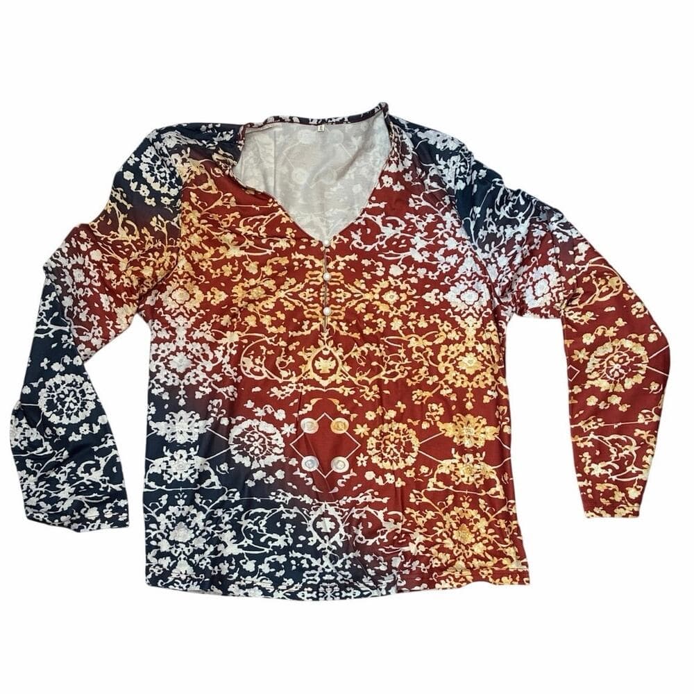 long-sleeve V-neck blouse with a bohemian floral pattern Size L - Thumbnail 3