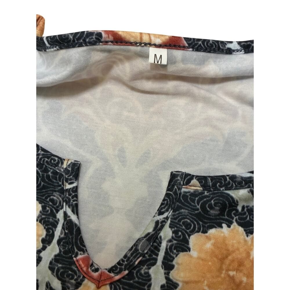 Long Sleeve Women’s V Neck Navy Shirt With Flowers Print On It Size Medium - Thumbnail 4