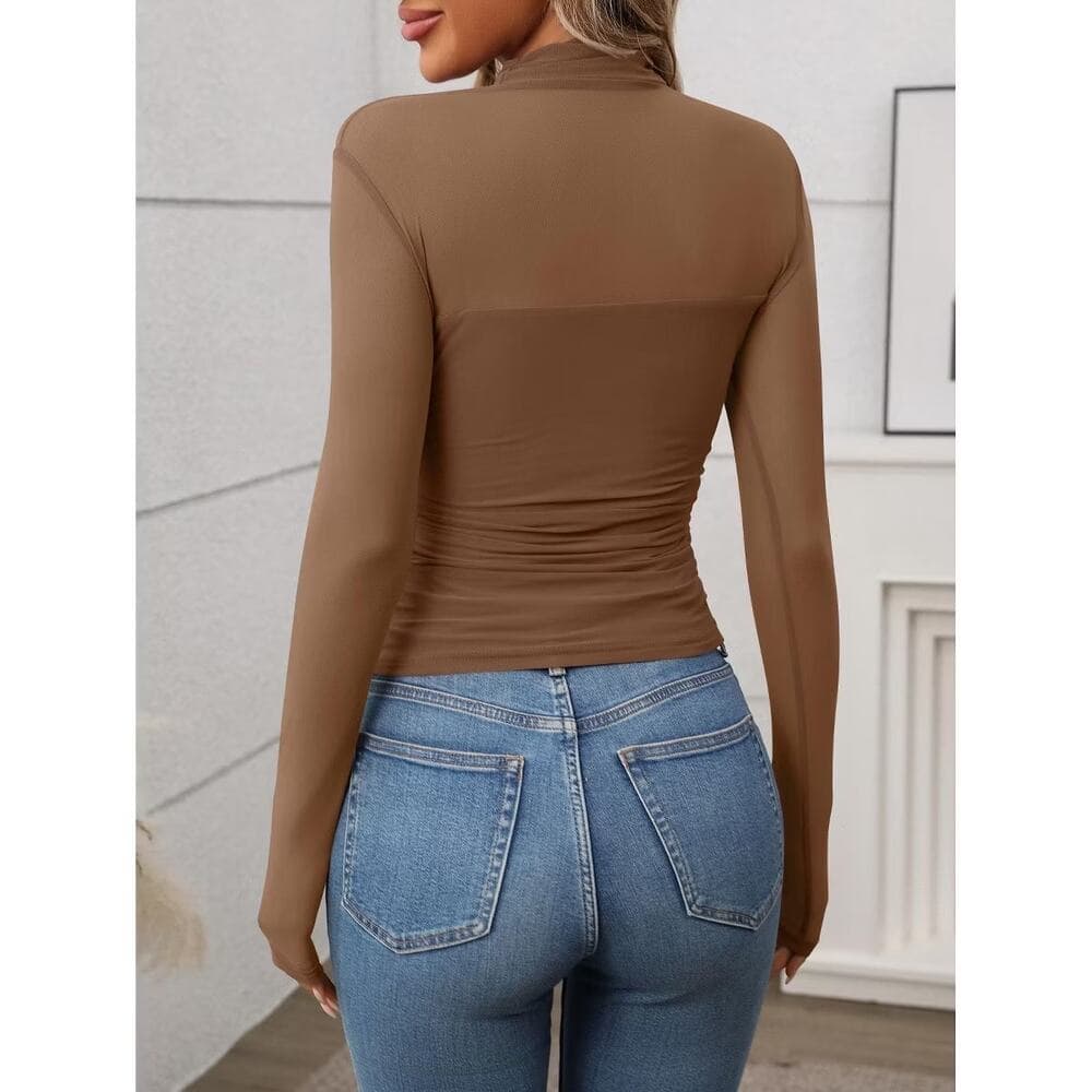 Mesh Sheer Long Sleeve Top Sexy Casual Mock Turtle Neck See Though Shirts Ruched - Thumbnail 4