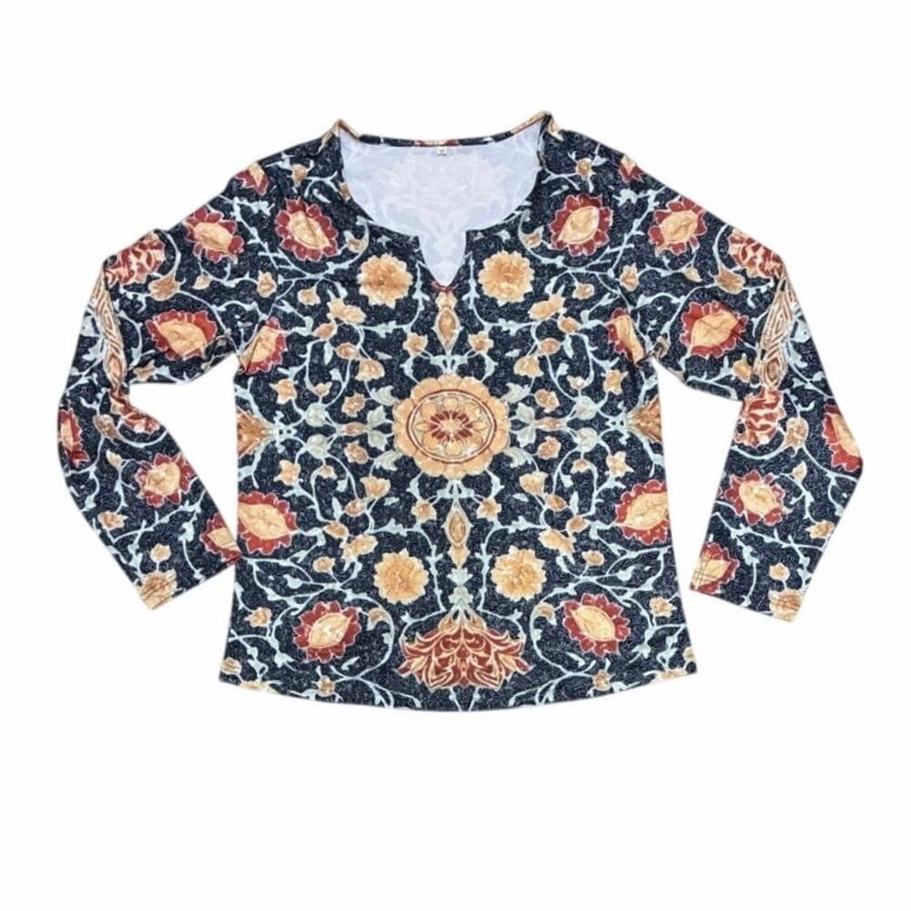 Long Sleeve Women’s V Neck Navy Shirt With Flowers Print On It Size Medium - Thumbnail 2