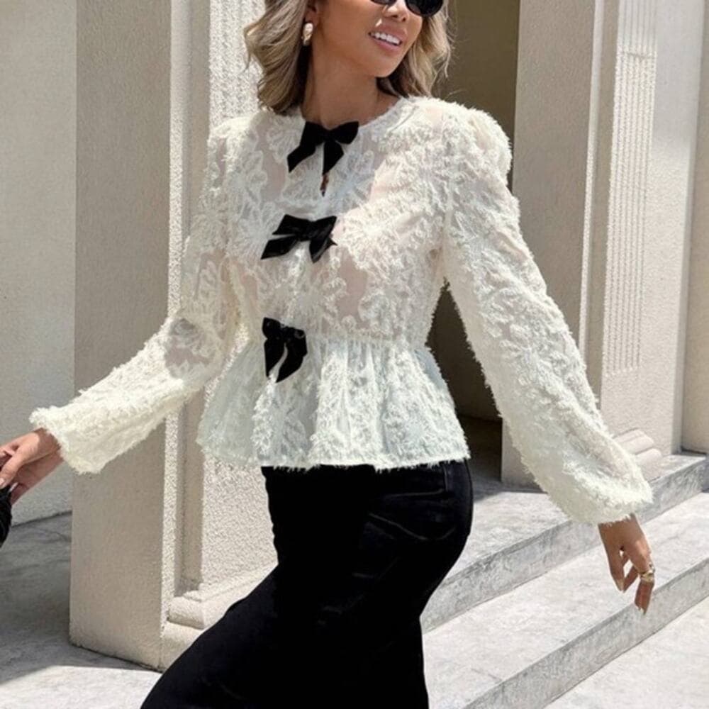 Sheer lace long sleeve white peplum ruffle black bow blouse preppy plazacore - Thumbnail 6