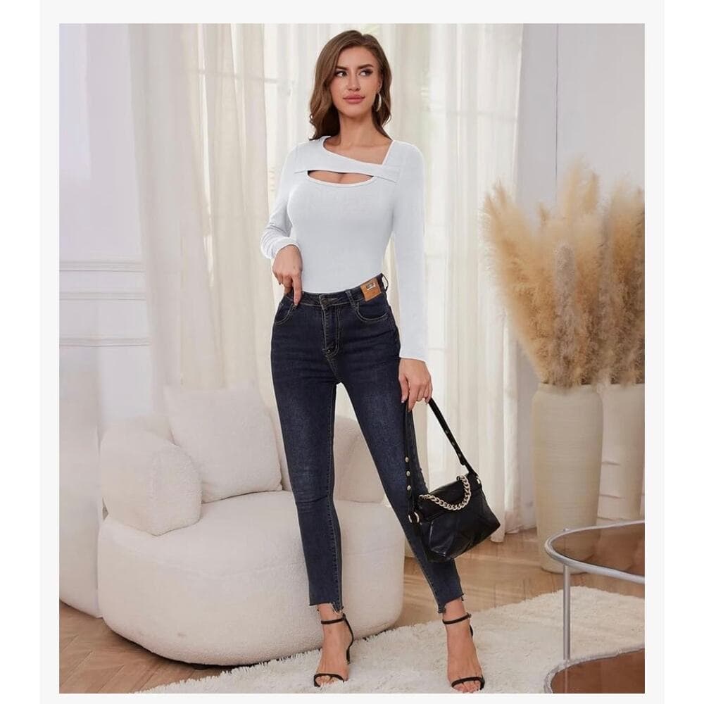 Long Sleeve Shirts Women Ribbed 1 Piece Cutout Tops Fashion Slim Fitted Clothes - Thumbnail 4