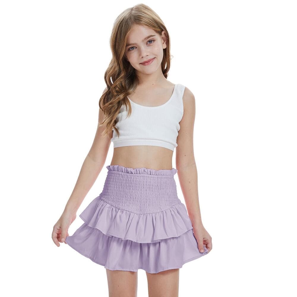 CharmWM Girls Mini Skirts Cute High Elastic Waisted Tiered Smocked Ruffle High - Thumbnail 3