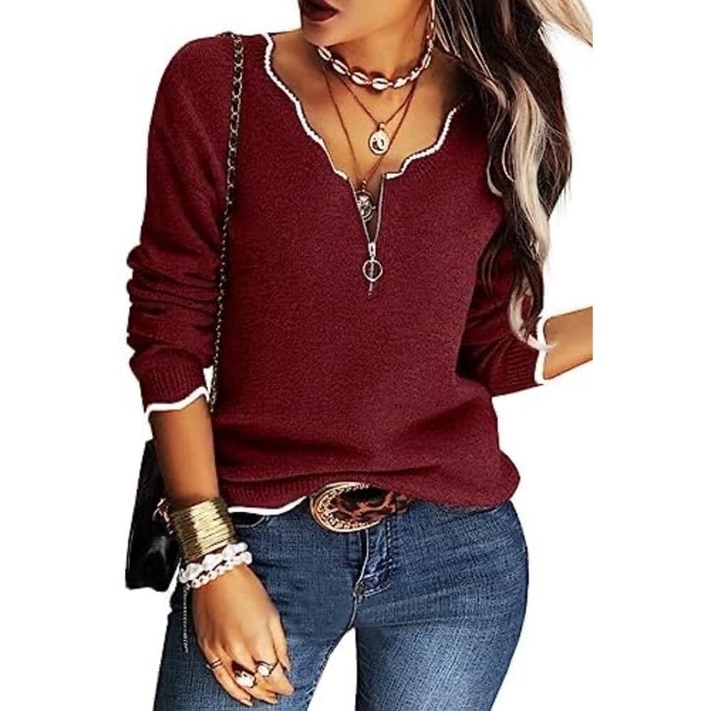 Hongqizo Women's Half Zipper Knit Sweater Casual V Neck Long Sleeve burgundy - Thumbnail 6