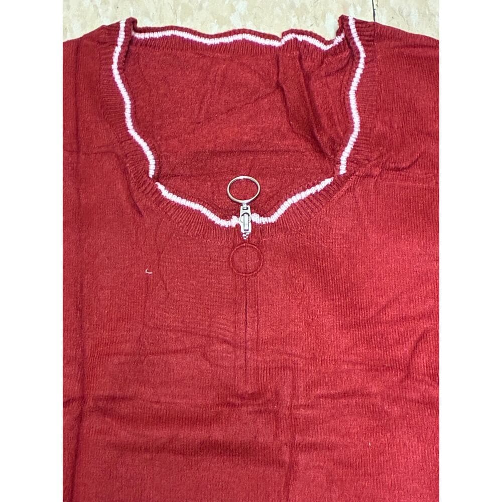 Hongqizo Women's Half Zipper Knit Sweater Casual V Neck Long Sleeve burgundy - Thumbnail 2