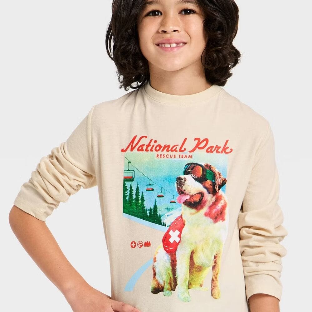 Boys' Long Sleeve 'National Park' Dog Graphic T-Shirt - Cat & Jack Cream L 10/12