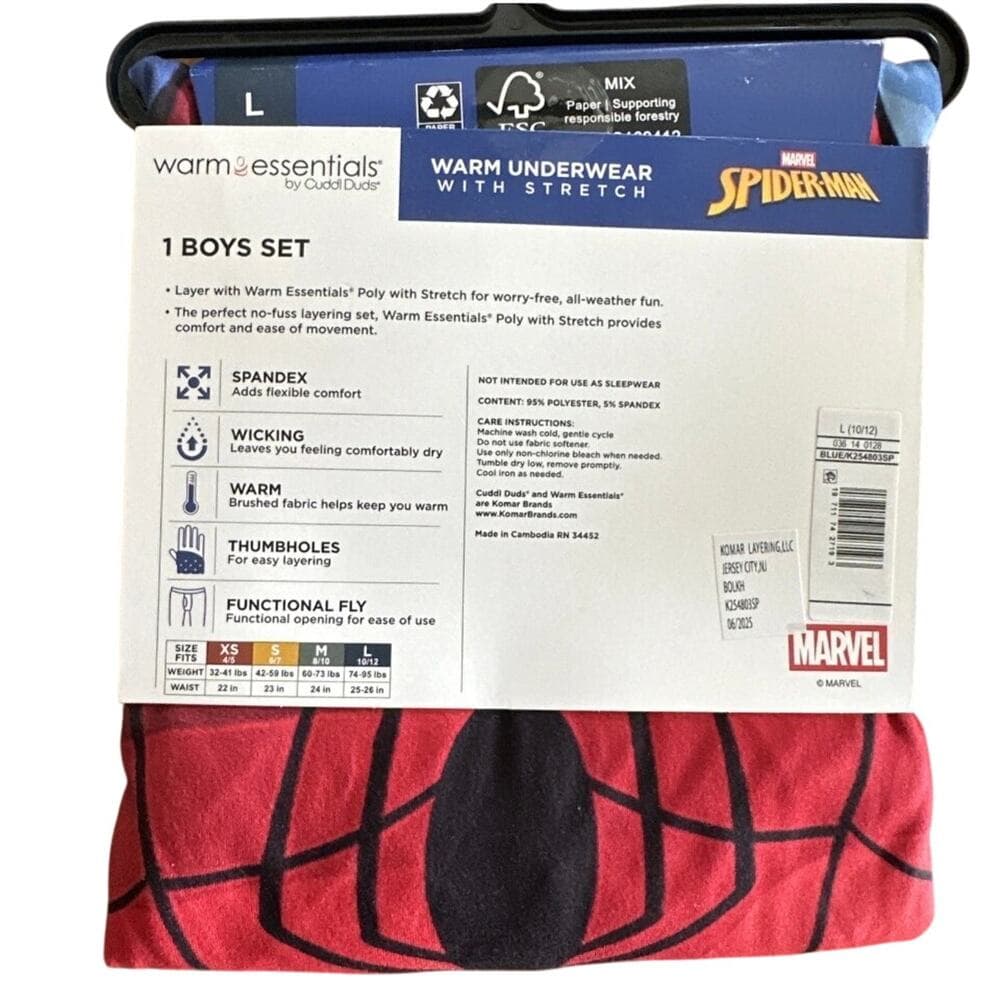 Cuddl Duds Spider-Man Warm Underwear Essentials Boys Sz LG(10/12) NWT